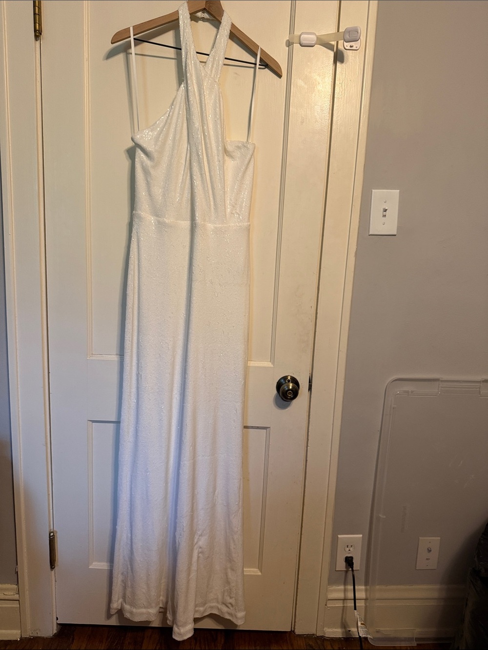 Halston White Sequin Halter Jumpsuit size 14- Bridal party dream outfit!
